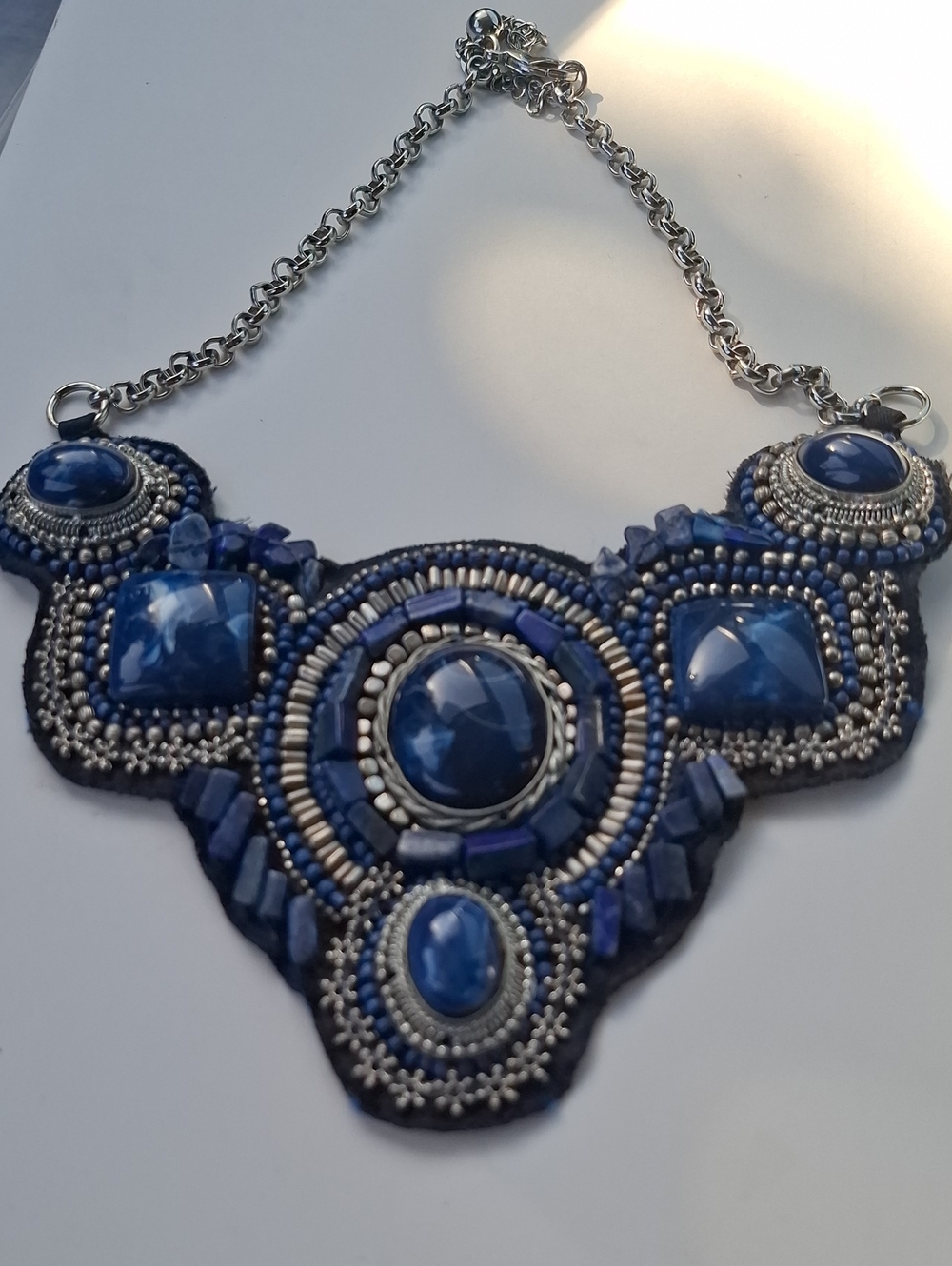 Chicos Percy Statement Bib Necklace Blue Gemstone Beaded Silver Adjustable